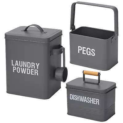 Laundry Kitchen Storage Tin Canister Set Powder Peg Caddy Dishwasher Metal Grey • £9.99