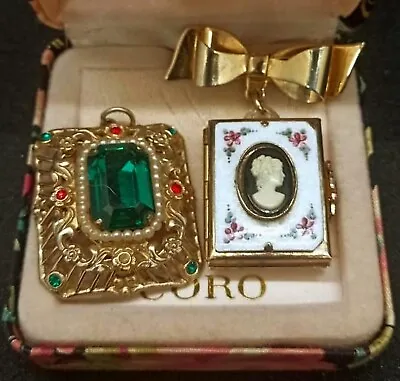 X2 CORO PEGASUS VINTAGE RHINESTONES PENDANT And 4 PHOTO LOCKET BROOCH+GIFT BOX • $59