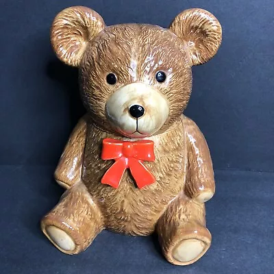 Vintage Otagiri Teddy Bear Cookie Jar Brown Red Bow 9.5  Tall Japan READ • $10.50