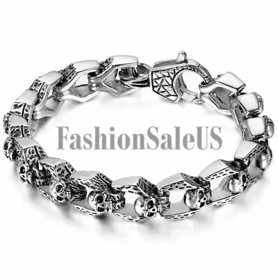 Men's Heavy Biker Motorcycle Chain Link Gothic Stainless Steel Skull Bracelet F • $15.99