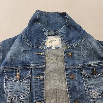 I Love H81 Button Up Long Sleeve Casual Denim Jacket Girls Size Medium M Blue • $24.99