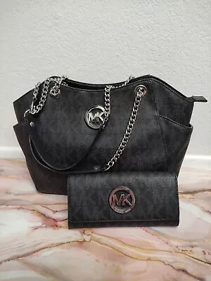 Michael Kors Jet Set Travel Chain Shoulder Tote Black With Matching Wallet • $95