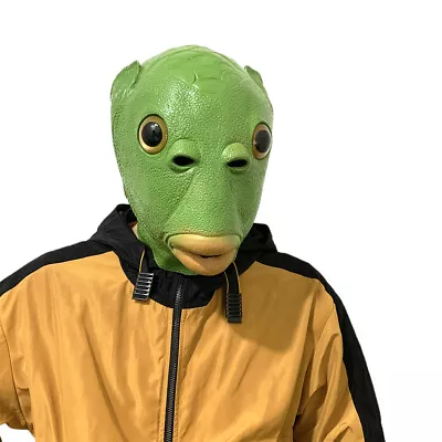 Funny Ugly Green Fish Head Latex Cosplay Party Alien Mask Headgear Halloween NEW • $17.39