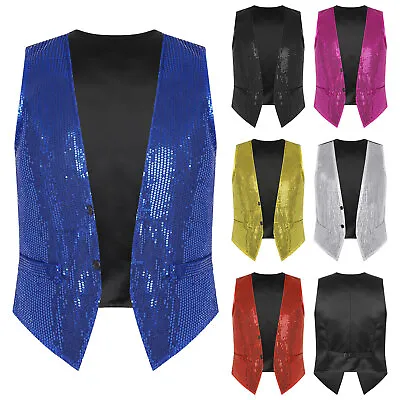 Mens Sequin Vest Shiny Party Sleeveless Waistcoat Button V-Neck Jacket Tuxedo • $14.59