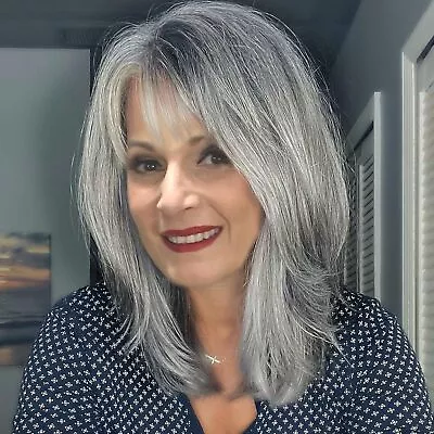 Silver Grey Wigs For White Women Layered Gray Wavy Wig Highlight Synthetic Ha... • $38.49