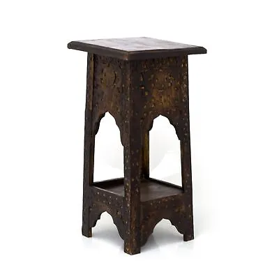 Mango Wood Carved Temple Side Table | Wooden Pedestal Altar End Table - 58cm • £58.99
