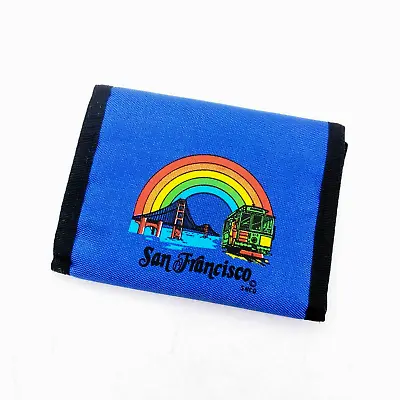 Vintage San Francisco Blue Nylon Hook & Loop Wallet Bifold Coin Pouch Rainbow • $18.99
