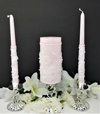  White Lace Wedding Unity Candle Set With Pearls Hand Painted  • £33.78