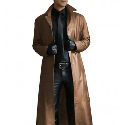 Mens Motorcycle Long Trench Lapel Collar Slim Leather Jackets Coats Punk Outwear • $44.15