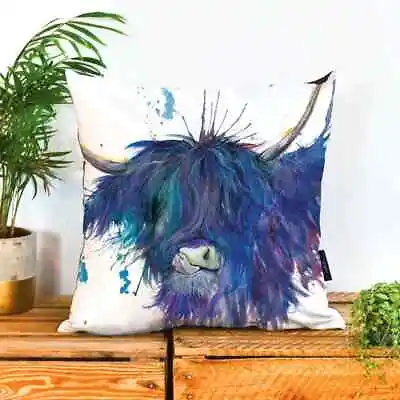 Luxury Cosy Blue Shaggy Highland Cow Cushion 43cm X 43cm Velvety Home Gift • £12.50