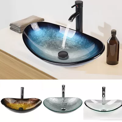 Bathroom Vessel Sink Basin Tempered Glass Bowl Faucet Pop Up Drain Set Combo US • $89.99