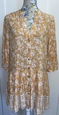 IRIS MAXI Light Mustard Floral Boho Button Close 3/4 Sleeve Dress Size 8 • $25