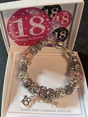 18th Birthday White Leather Charm Bracelet With 18 Charms Pink And Gift Boxed. • £9.95