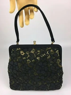 English Vintage Women’s Black Gold Lace Floral Handbag Bag By Waldybag 1950s • £140
