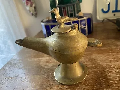 Vintage Bronze  Genie Aladin Oil Lamp Incense With Bird Lid Mint Condition • $39