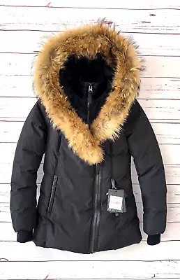 $850 MACKAGE Women's Size S ADALI Down Raccoon Fur Hooded Winter Coat Black -20C • $299