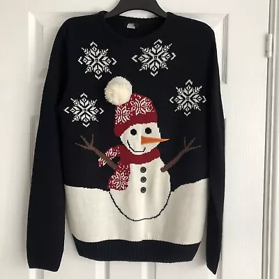 F&F  Christmas Snowman Festive  Sweater Jumper Xmas Navy Blue Size Medium • £12.99