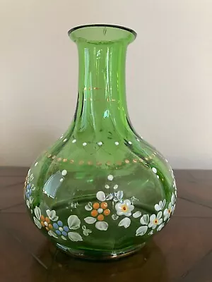 Vintage Hand Painted Raised Floral Motif Green Glass Vase 6  Tall • $13.95