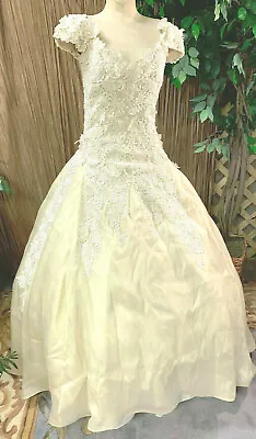 Floral Cap Sleeve Vintage Off White Satin Wedding Dress Bridal Gown Princess S-M • $110