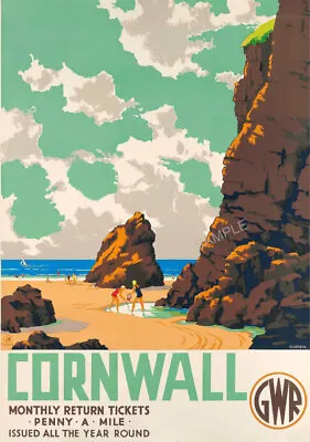 VINTAGE RAILWAY POSTER CORNWALL 1930s Beach GWR Rail Travel ART Deco PRINT A3 A4 • £9.99