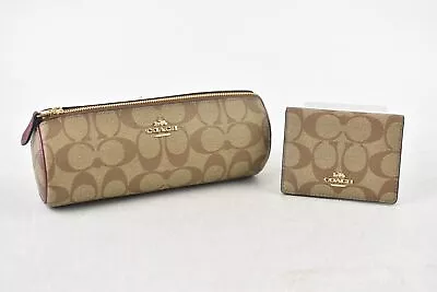 £29.99 • Buy Coach New York Cylindrical Bag/Makeup/Pencil Case & Matching Card Holder- Brown