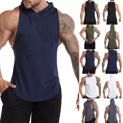 Mens Hooded Tank Tops Bodybuilding Muscle Gym Fitness Sport Workout Vest Hoodies • £10.59