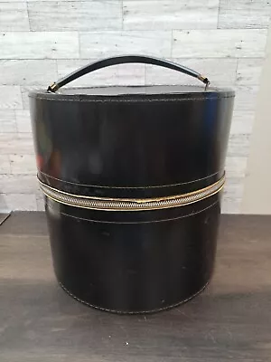 VTG 13  Round Black Mid Century Hard Hat Box Daisy Wig Case Zippered Luggage  • $81.96