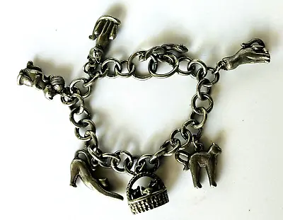 Vintage Statement Silver Tone CAT Cats Charms Chain Bracelet 7.5'' • $14.50