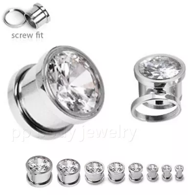 PAIR Bezel Set Clear Gem 316L Surgical Steel Screw Fit Flesh Tunnel Ear Plugs • $11.89