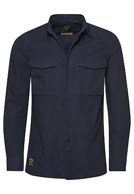 Superdry Shirt Long Sleeve Overshirt Button Fastening Military Shirt Navy Blue • £49.99