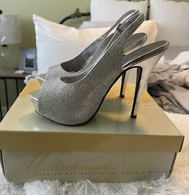 Michaelangelo Silver Glitter Sling High Heels Sz 7 Shoes 5” Heel David's Bridal • $19.99