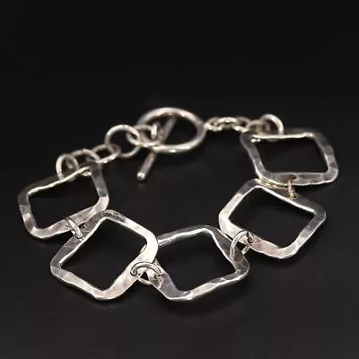 Sterling Silver MODERNIST Hammered Square Link Chain 7.5  Toggle Bracelet - 20g • $2.99