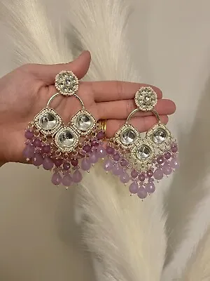 Lilac/Purple Pearl Crystal Dangle  Earrings Indian Jewellery Jhumka  New • £15.99