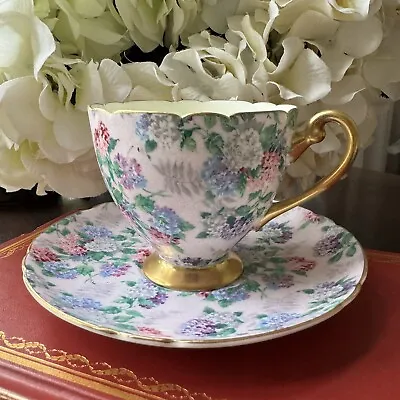 Shelley Teacup And Saucer Set Summer Glory Pink Chintz 13381 Ripon Gold Trim • $75