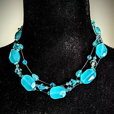 Dabby Reid 3 Strand Aqua Blue Bead Necklace Adjustable 15  To 18  • $35