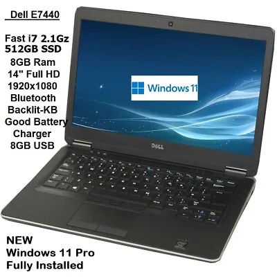 Dell E7440 Fast I7 2.1Ghz 512GB SSD 8GB Laptop Office HDMI 14 FHD Webcam Backlit • £208.95