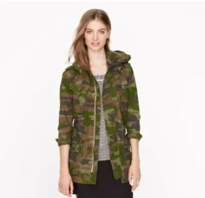 J. Crew Jacket Green Boyfriend Fatigue Camo Zip Button Hooded Lightweight Size S • $25.19