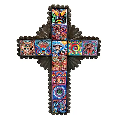 Mexican Tin Wall Cross Huichol Indian Peyote Dream Wood Tile Folk Art Large 15in • $53
