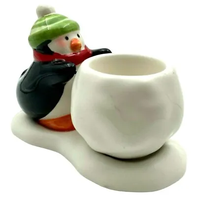 Vtg Hallmark Penguin Snowball Tea Light Candle Holder Ceramic Holiday Christmas • $9.99