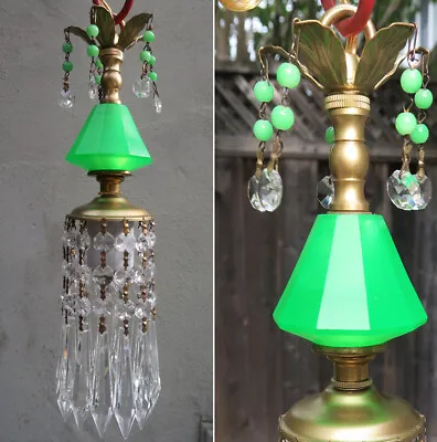 Vintage Lucite Emerald Green SWAG Lamp Chandelier Crystal Prisms Glow Lite • $75