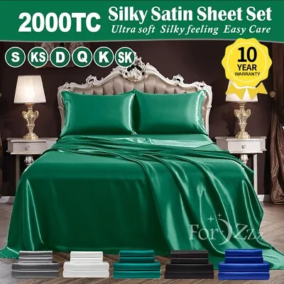 $27.99 • Buy 2000TC Silk Satin Pillowcase Flat Fitted Sheet Set Single/Double/Queen/King Bed