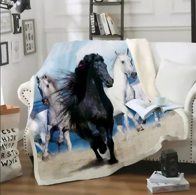 3D Print Sherpa Blanket Couch Quilt Cover Throw Fleece Velvet Animal Horse • £23.99