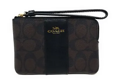 COACH Women's Corner Zip Wristlet In Signature Canvas (Brown - Black) • $21.99