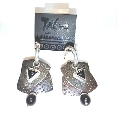 Tabra 2 1/2  Earrings-Hoop Sterling/Bronze Black Onyx Drop Dangle-Post Signed • $274