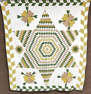 $300 • Buy RARE C 1860-80s Star Clover Motif QUILT Antique Green Mustard Yellow