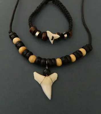 Real Shark Tooth 1.5cm Necklace Bracelet Adjustable Wood Bead Pendant  Jewellery • £9.99