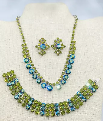 Vtg KREMER/EISENBERG? Blue Green Glass Rhinestone Earrings Necklace Bracelet Set • $170