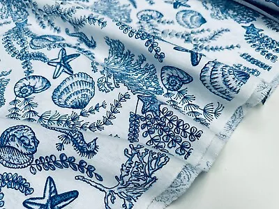 Blue Starfish Nautical Fabric Seahorse Shell Coral Home Decor Curtains 110  Wide • £1.20