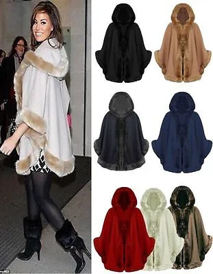 Womens Celebrity Poncho Ladies Designer Faux Fur Trim Hooded Cape Shawl Coat  • $31.45