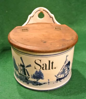 Vintage Windmill Porcelain Pottery Delft Wooden Lid Salt Box • $40